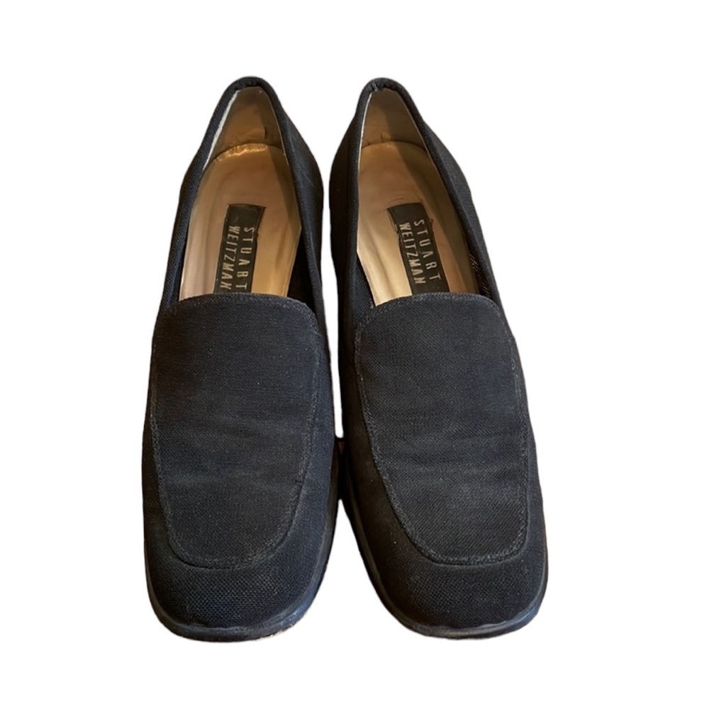 Stuart Weitzman Linen Loafers with 2 inch stacked heel. Black. VGUC.